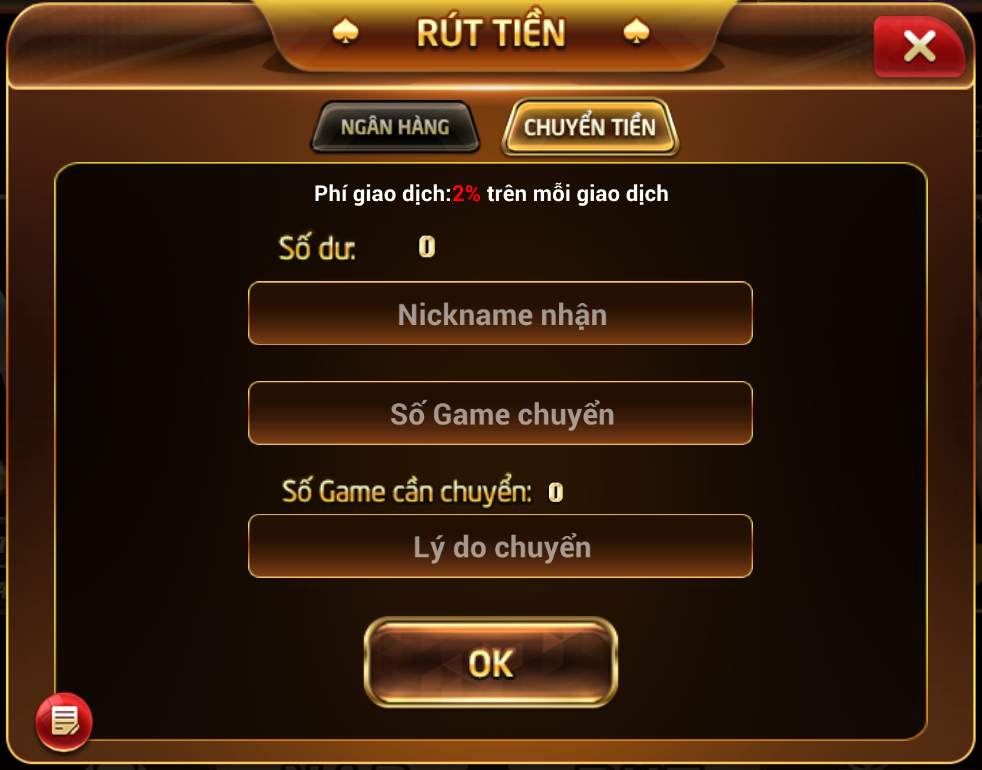 Chuyển tiền Max789vip hiển thị nickname nhận, số game chuyển, lý do chuyển và mức phí 2% trên mỗi giao dịch.