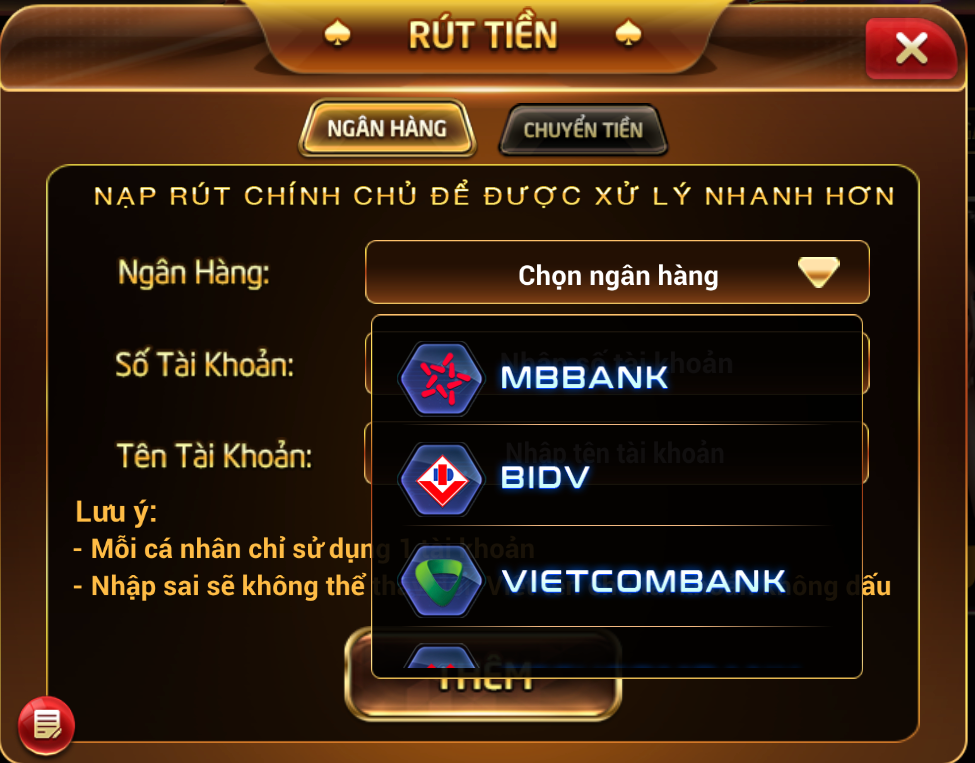Danh sách ngân hàng hiển thị khi rút tiền Max789vip