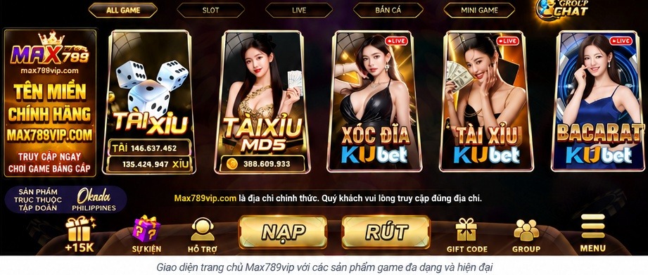 Giao diện Max789vip với các danh mục trò chơi và hệ thống điều hướng được bố trí trực quan.