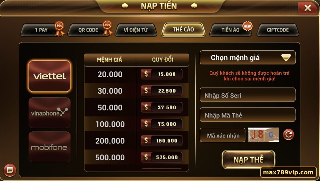 Giao diện nạp tiền Max789vip bằng thẻ cào với lựa chọn nhà mạng, mệnh giá, số seri và mã thẻ.