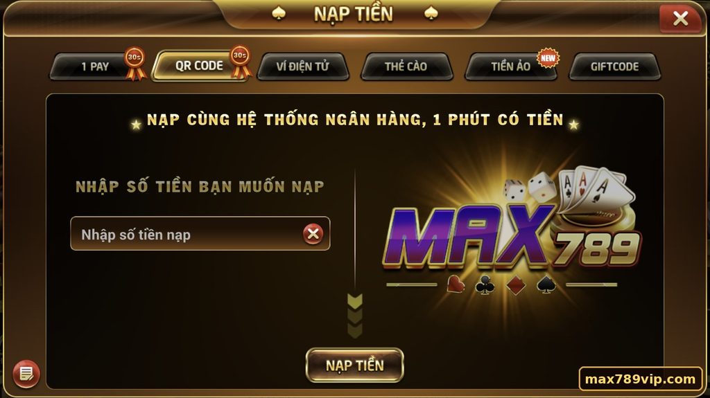 Giao diện QR Code khi nạp tiền Max789vip, dùng để thực hiện giao dịch qua hệ thống ngân hàng.