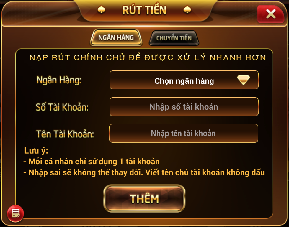 Giao diện rút tiền Max789vip qua ngân hàng với các trường chọn ngân hàng, số tài khoản và tên chủ tài khoản.