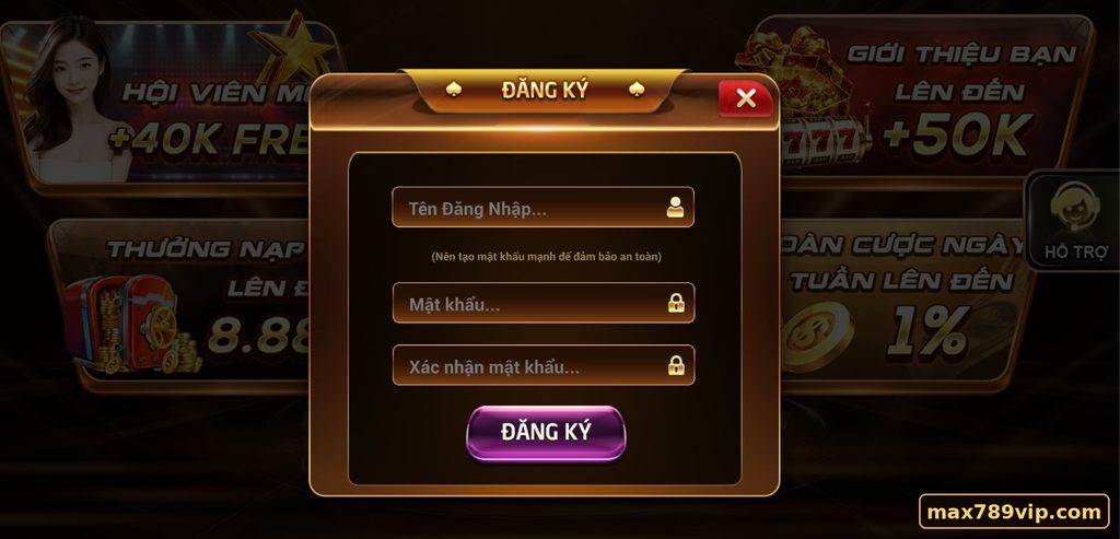 Hình ảnh giao diện đăng nhập Max789vip và nhận diện thương hiệu max789vip.com.