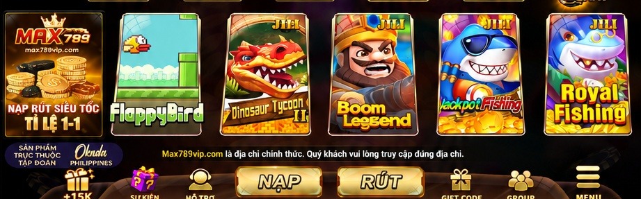 Kho trò chơi Max789vip với danh mục bắn cá, mini game và các nút chức năng ở thanh điều hướng.